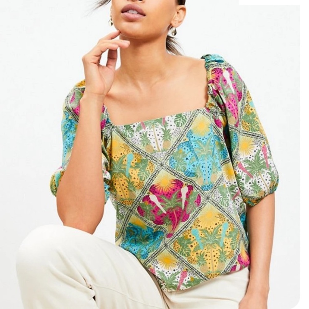 Loft Palm Bubble Sleeve Square Neck Blouse Tropical Bird Fruit Palm Tree Medium